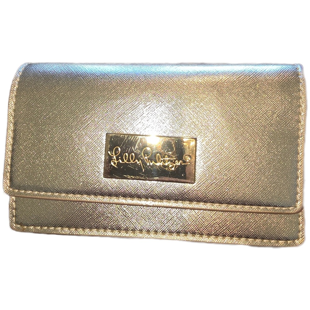 Lilly Pulitzer Gold Metallic Crossbody Bag/Clutch Floral Lining Saffiano Texture